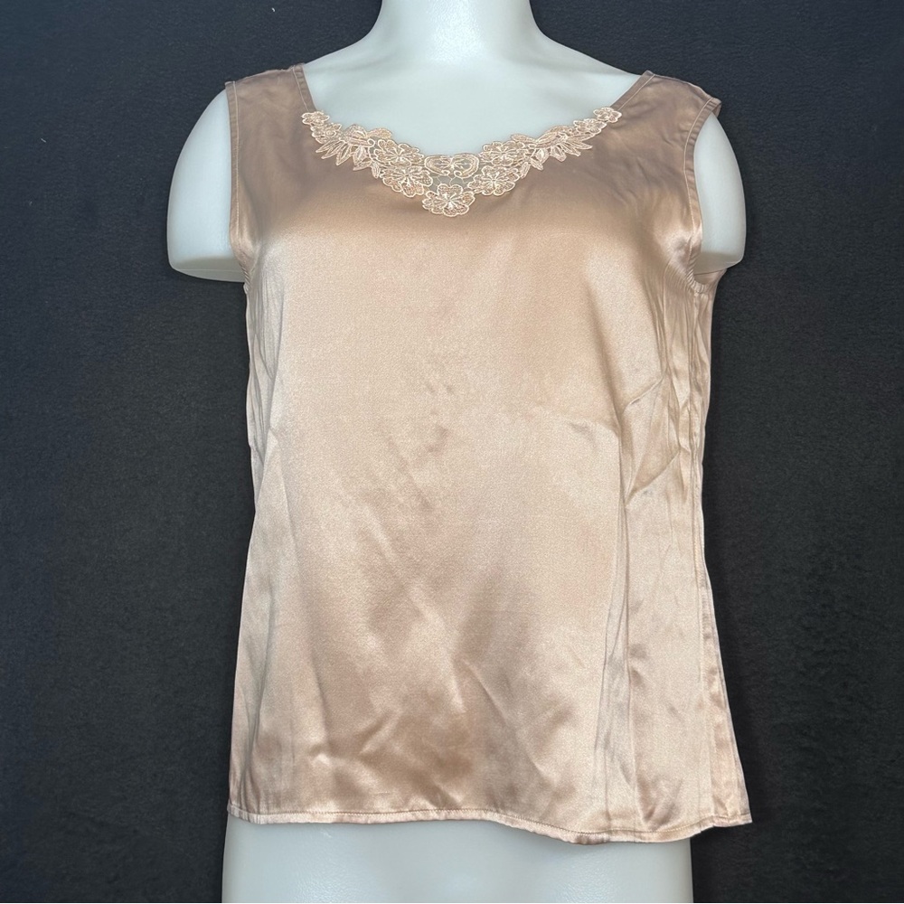 SILX Women's S Pink Sleeveless Embroidered Lace Vintage 100% Silk Top
